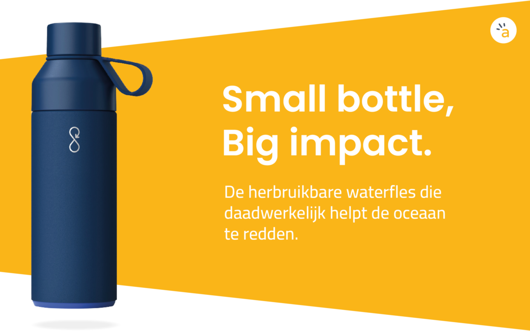 Attentives geel met Ocean Bottle en tekst: Small bottle, Big impact.